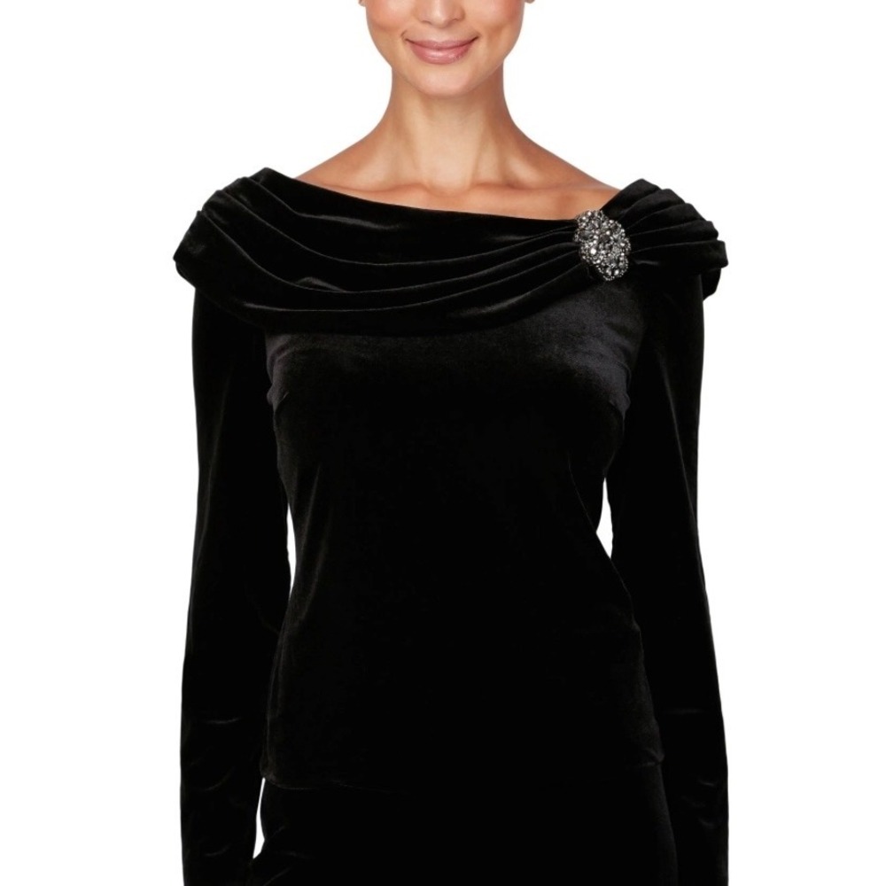 Mother of the Bride Black Velvet Off Shoulder Rhinestone Blouse XL Evening Top